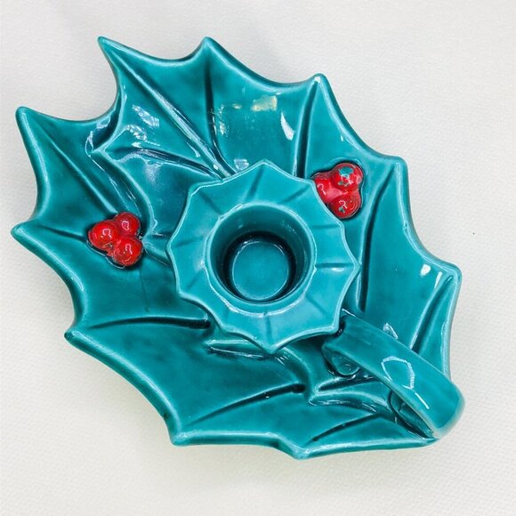 Hallmark Green Holly Berry Candleholder Dish Kitsch Vintage Christmas Decor - Picture 4 of 10